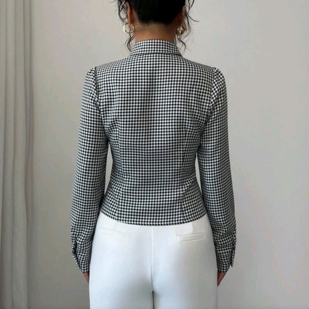 Hollow Collar Houndstooth Long Sleeve Shirt - Picture 2 of 4